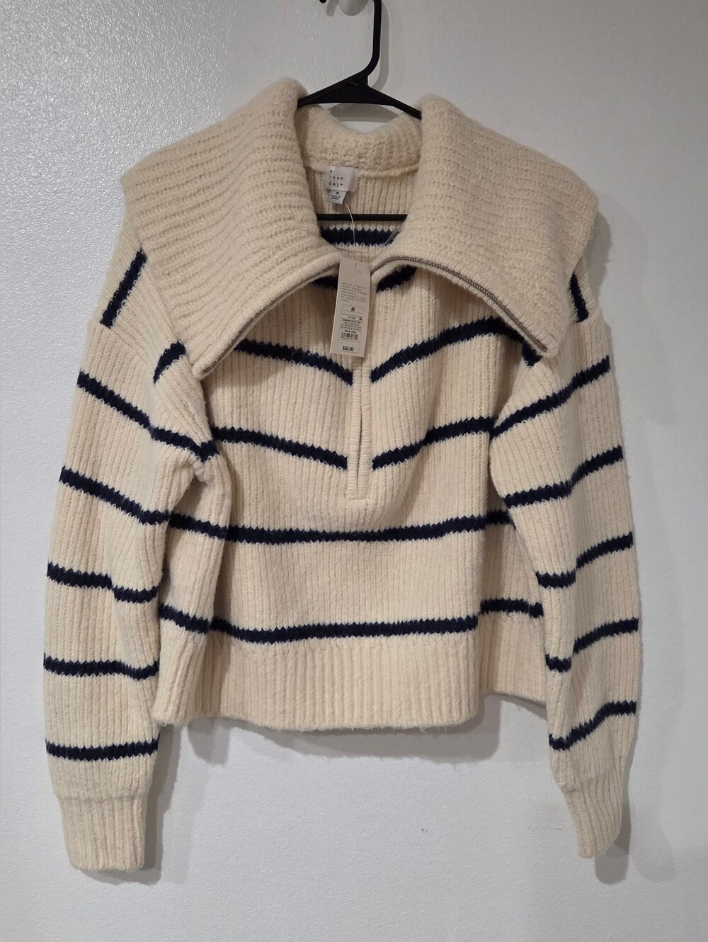 a new day Cream and Navy Striped Zip Cowl Sweater